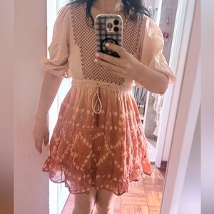 Boho floral soft all cotton dress with tassels Xs